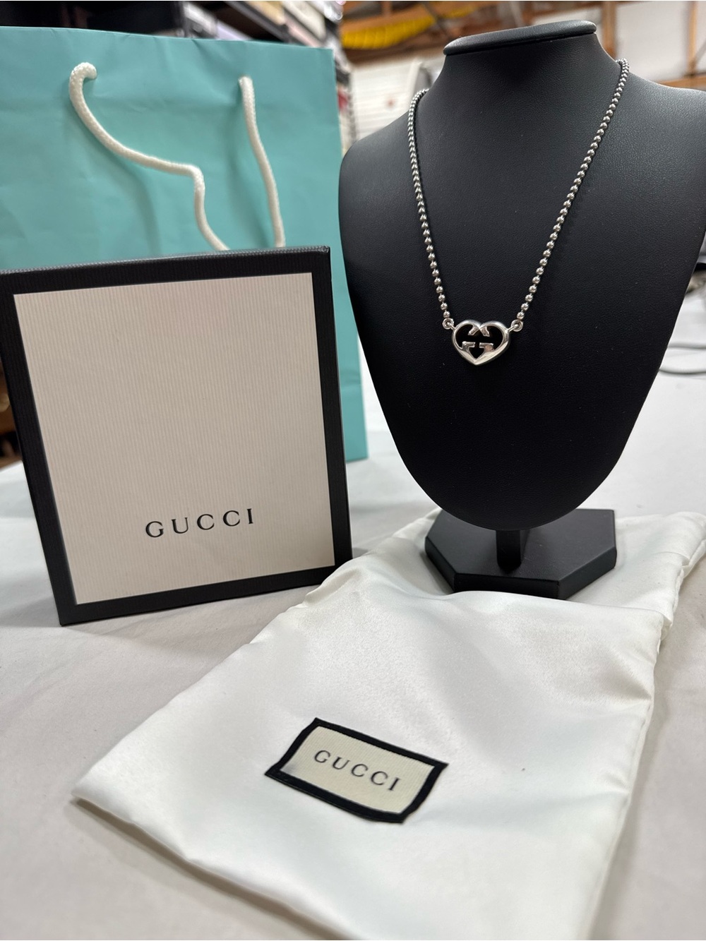 Gucci Sterling Silver Heart Logo Ball Chain Necklace 15.5”